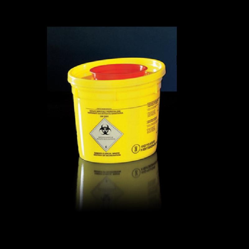 Контейнер біобезпеки, 1 л (100х173 мм) циліндричний жовтий, ПЕ, з демонтажним профілем та кришкою червоного кольору, для збору та утилізації голок